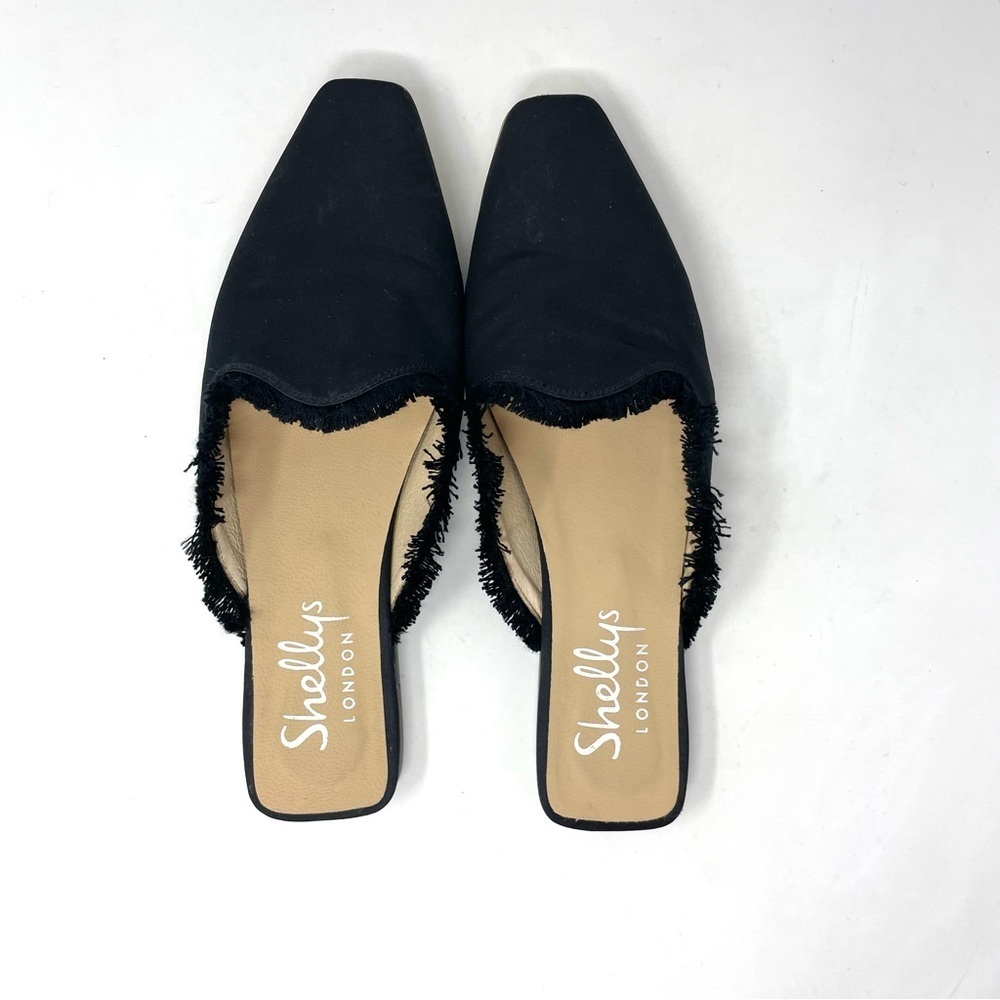 Shellys London Fringe Trim Blunt Toe Slip On Black Fabric Mules Size 37/7 - Picture 6 of 10